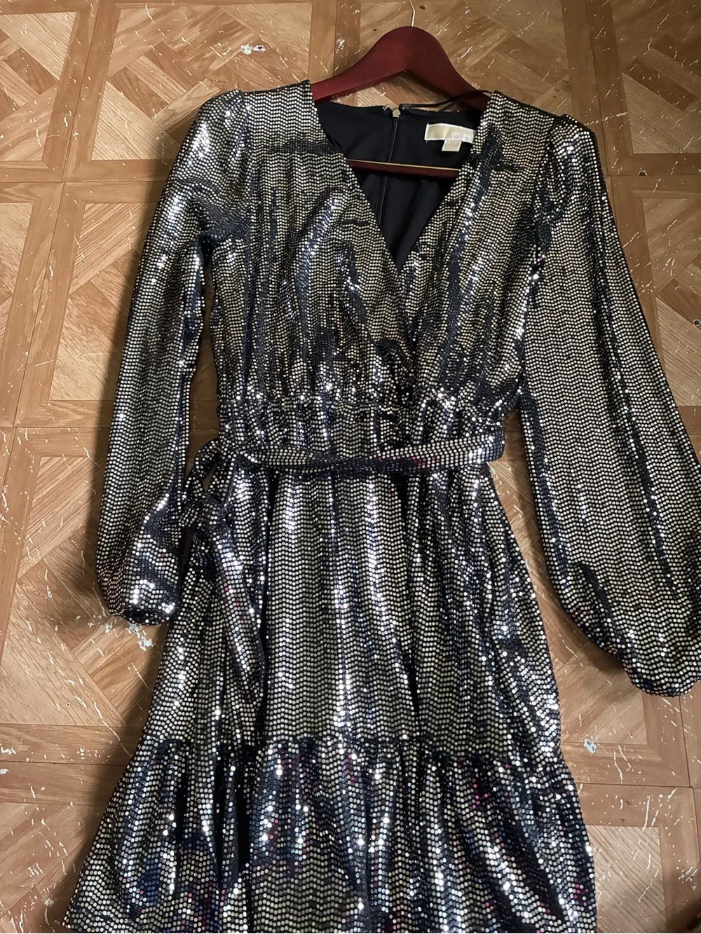 Michael Kors Silver Sequin Long Sleeve Wrap Dress